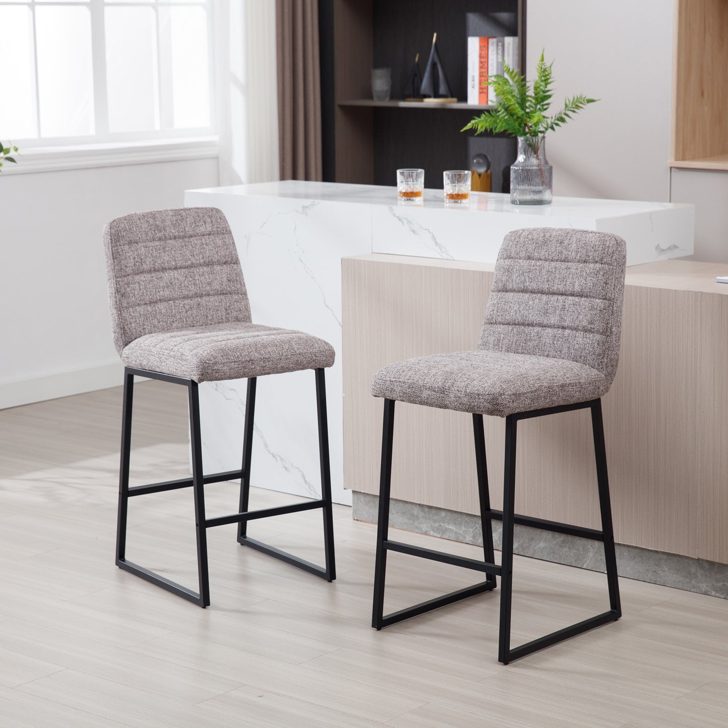 Low Bar Stools Set of 2 Bar Chairs for Living Room Party Room Kitchen,Upholstered Linen Fabric Kitchen Breakfast Bar Stools with Footrest,Coffee