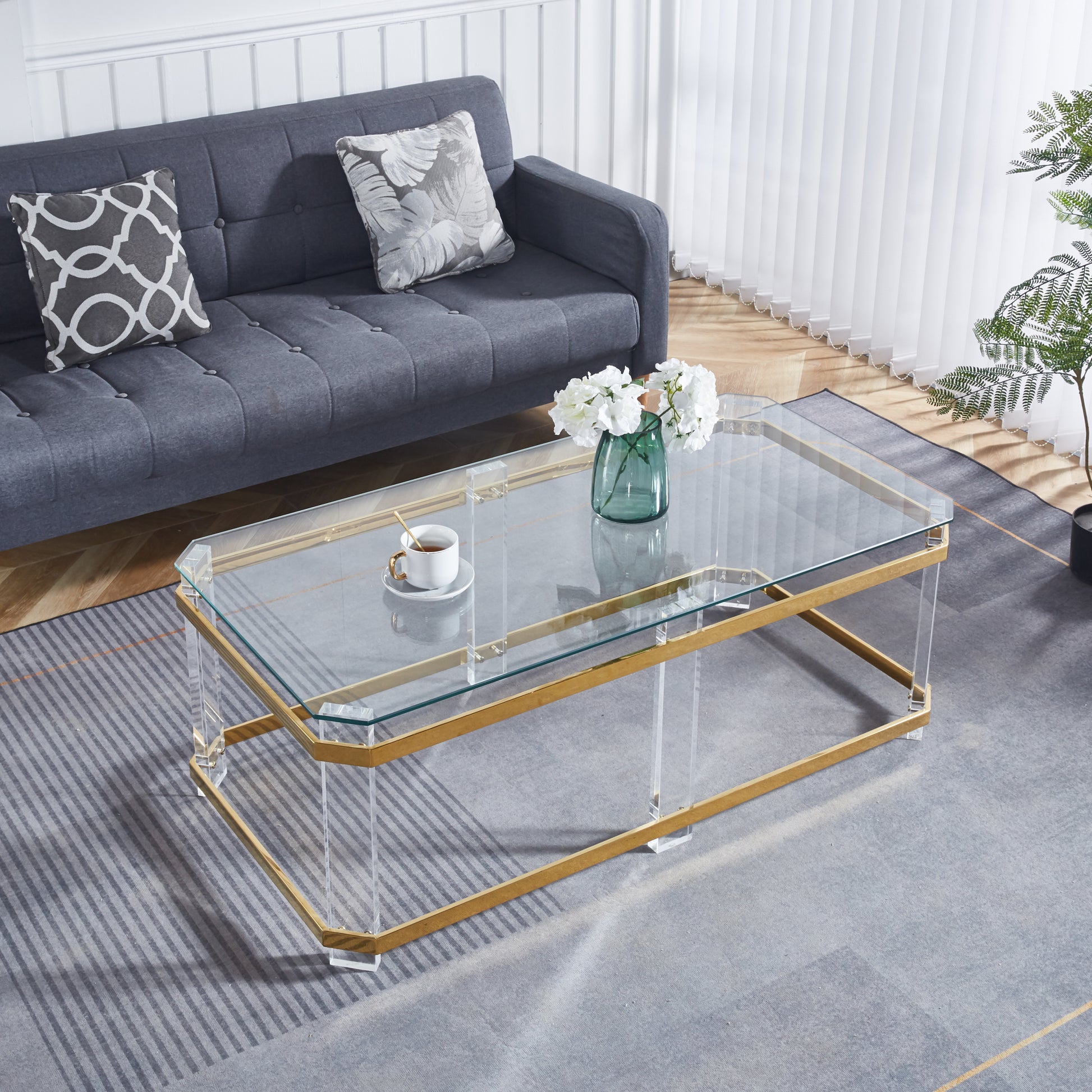 Gold Stainless Steel Coffee Table With acrylic Frame and Clear Glass Top CS-1134 - Enova Luxe Home Store