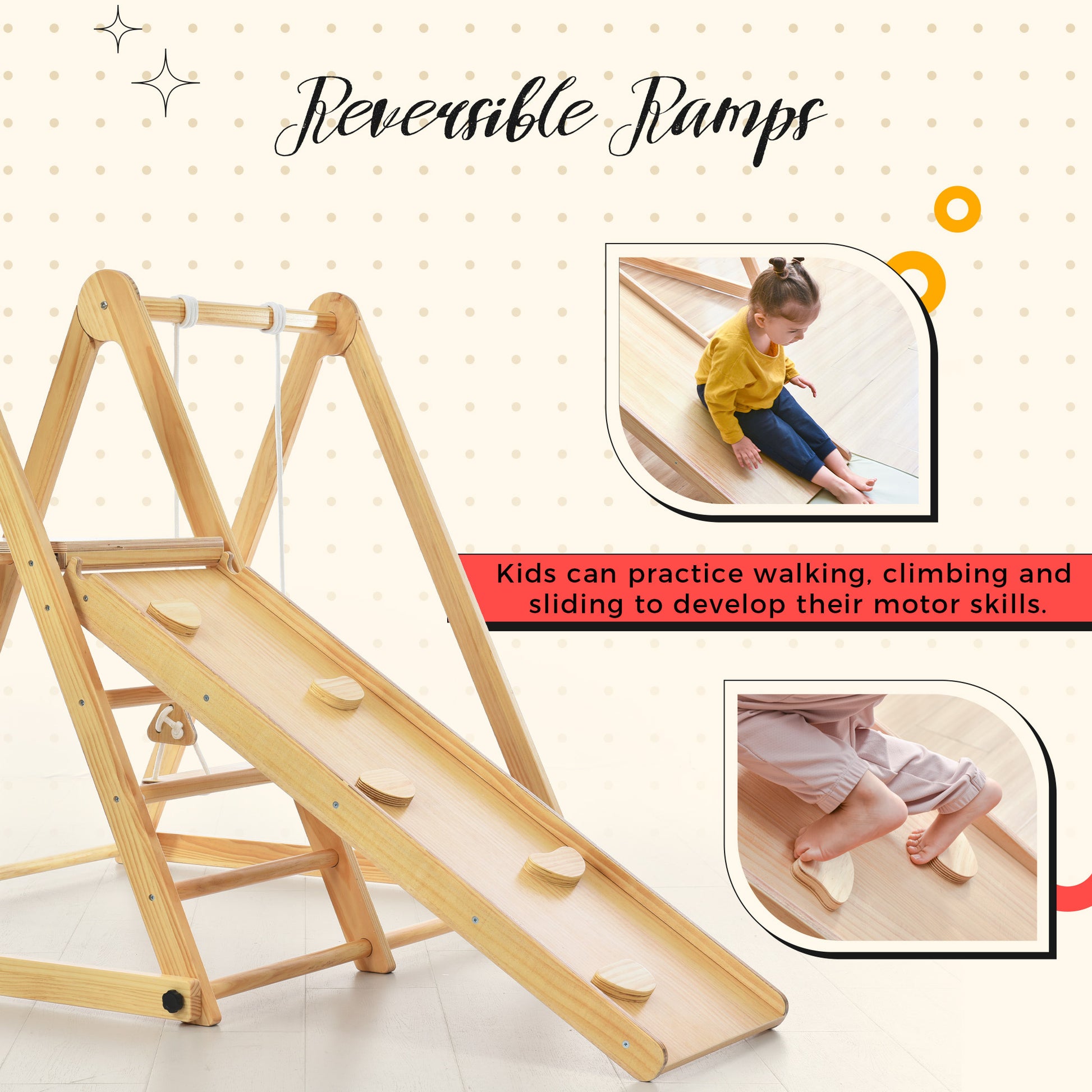 Wooden Swing and Slide Set Indoor Foldable Climbing Playground Playset for Kids, Wooden Climbing Toys with Rock Climb Ramp for Toddlers - Enova Luxe Home Store