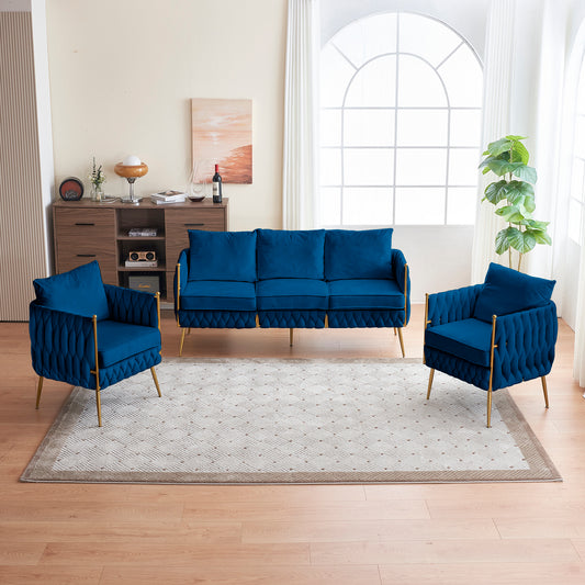 Velvet Sofa Set with Gold Legs, 2 Pieces of Modern Accent Chair and One piece of 3-Seater Sofa for Living Room, Comfy Upholstered Couch Set, Velvet Handmade Woven Back , Blue Velvet