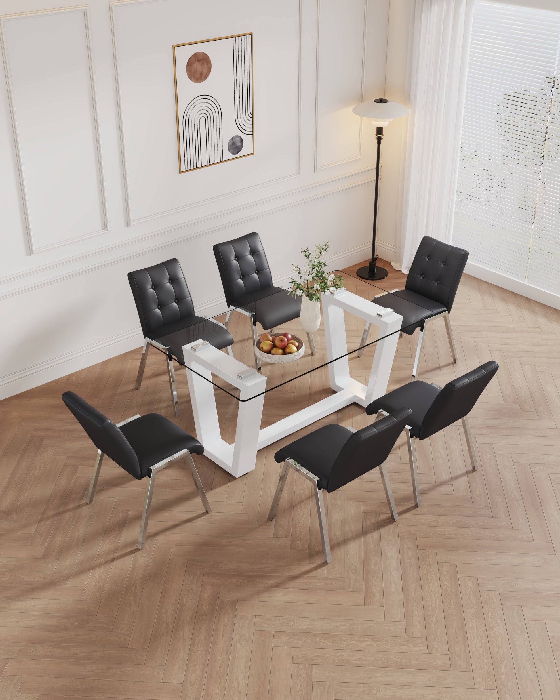 Table and chair set, rectangular dining table, equipped with 0.4 "tempered glass tabletop and white MDF trapezoidal support, paired with lattice armless high back dining chairs (1 table and 6 chairs) - Enova Luxe Home Store