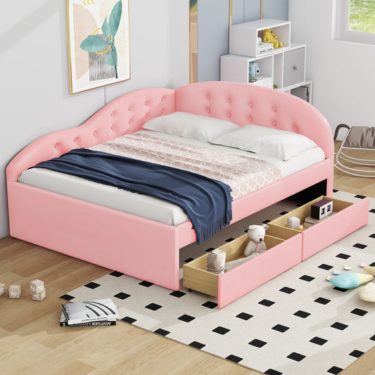 Full Size PU Upholstered Tufted Daybed with Two Drawers and Cloud Shaped Guardrail, Pink - Enova Luxe Home Store