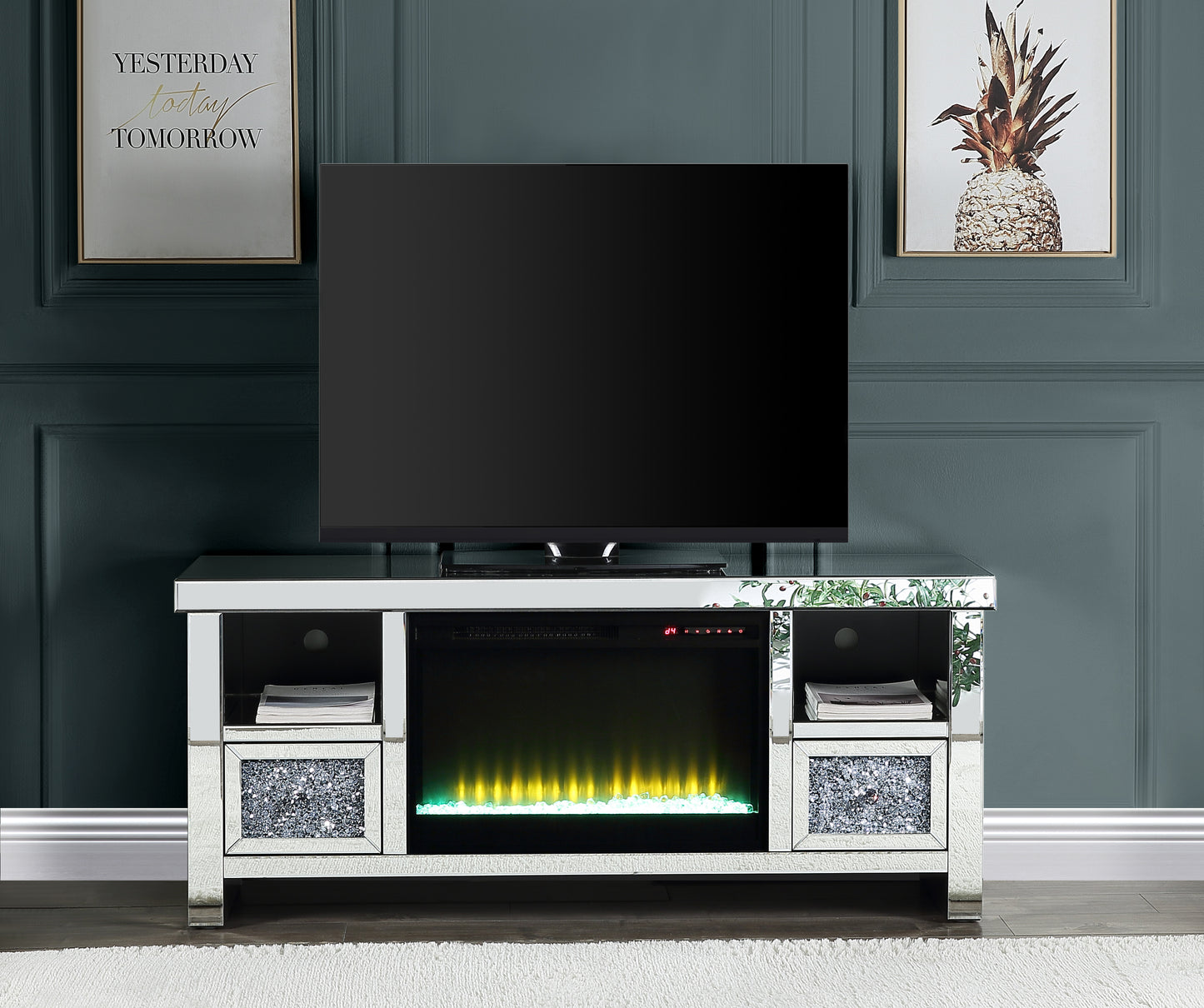 ACME Noralie TV STAND W/FIREPLACE Mirrored & Faux Diamonds LV00313 - Enova Luxe Home Store