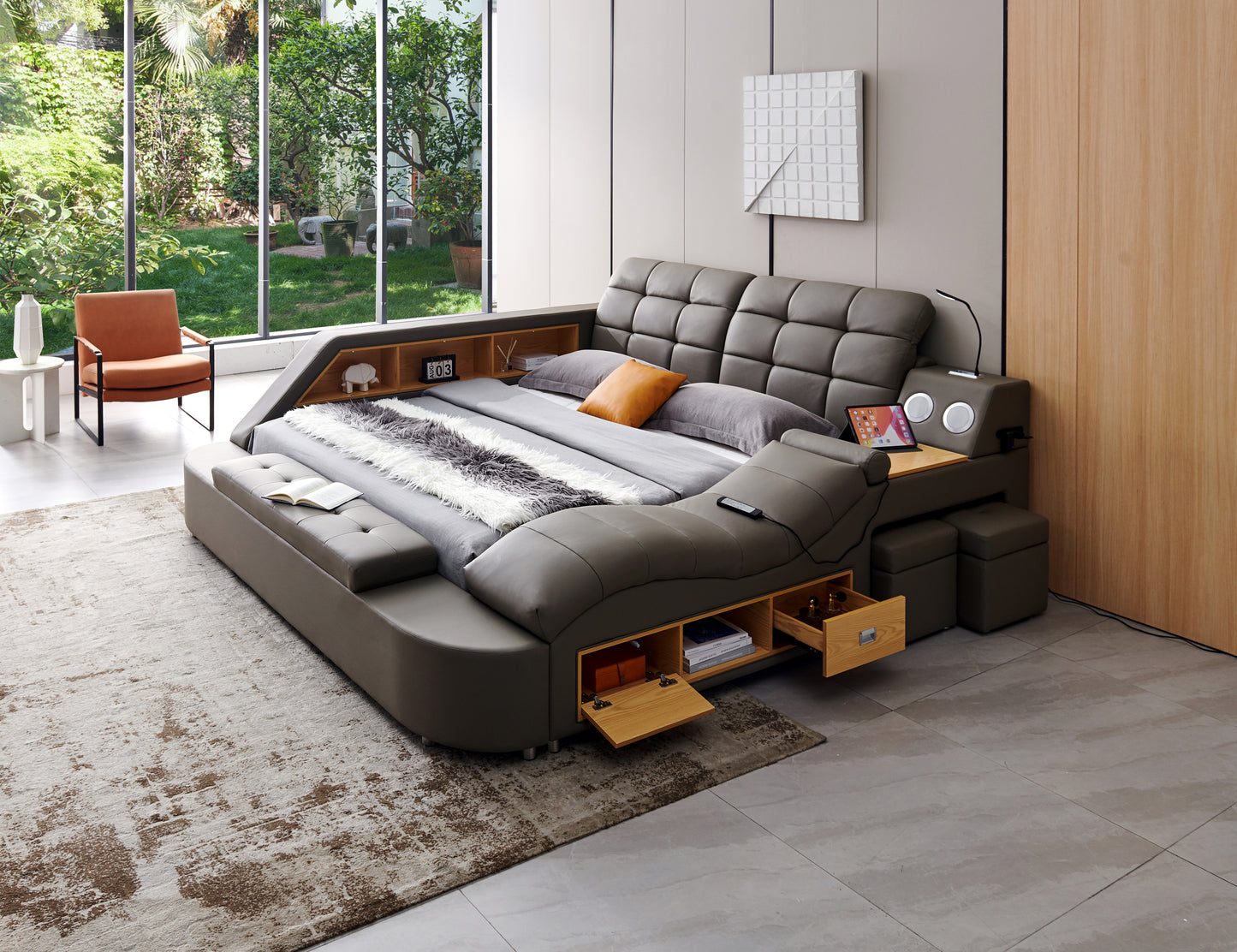 Multifunctional Upholstered Storage Bed Frame, Massage Chaise Lounge on Right, Queen Size, Grey - Enova Luxe Home Store