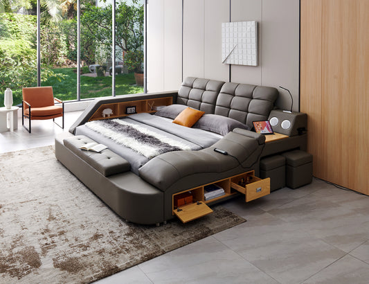 Multifunctional Upholstered Storage Bed Frame, Massage Chaise Lounge on Right, King Size, Grey
