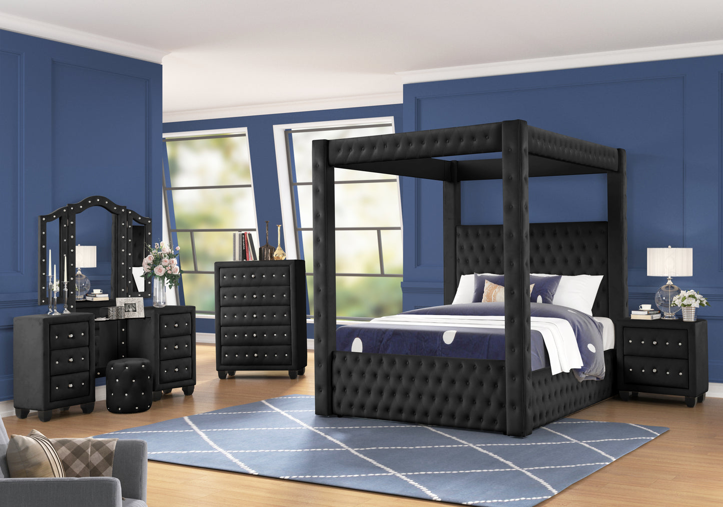 Monica luxurious Four-Poster Full 4 Pc  Vanity Bedroom Set Made with Wood in Black - Enova Luxe Home Store