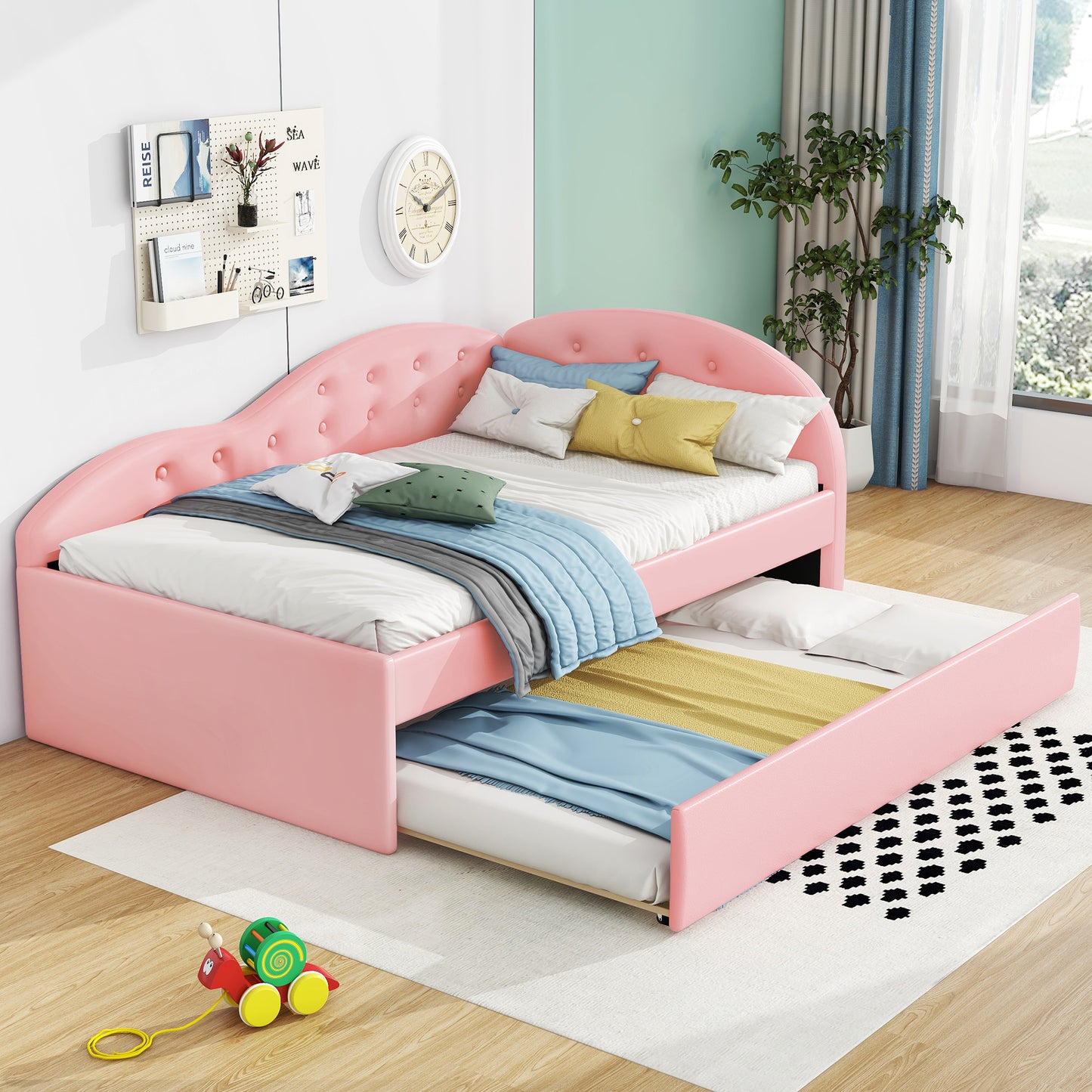 Twin Size PU Upholstered Tufted Daybed with Trundle and Cloud Shaped Guardrail, Pink