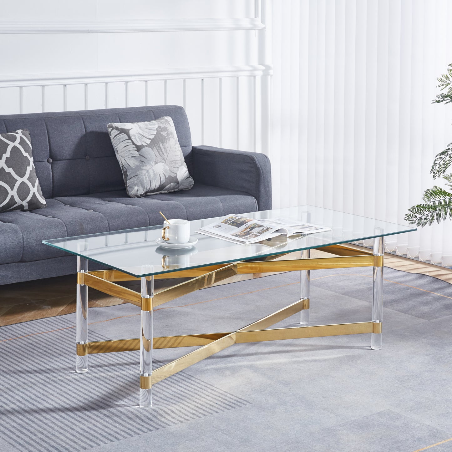 Gold Stainless Steel Coffee Table With acrylic Frame and Clear Glass Top CS-1197 - Enova Luxe Home Store