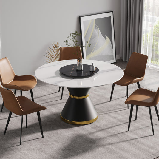 53"Modern artificial stone round black carbon steel base dining table-can accommodate 6 people-23.62"black artificial stone turntable - Enova Luxe Home Store