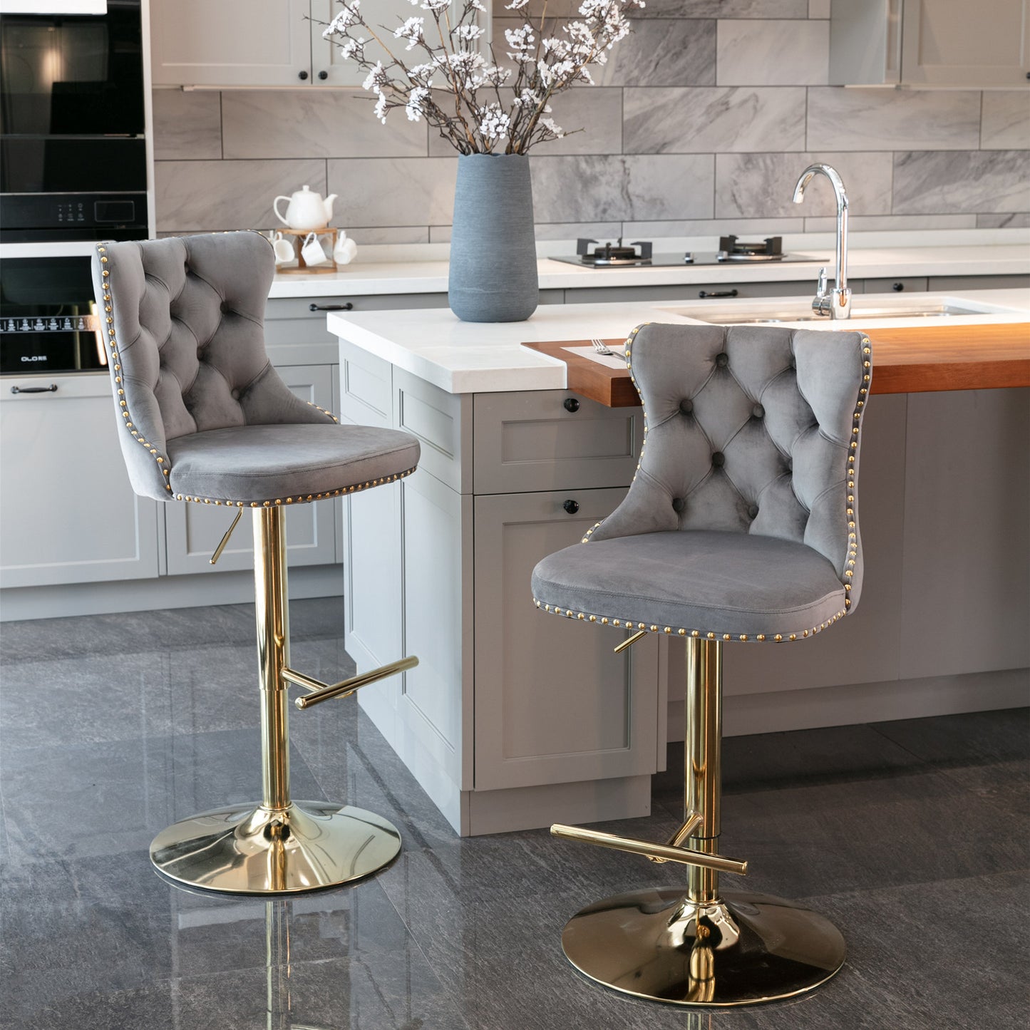 A&A Furniture,Golden Swivel Velvet Barstools Adjusatble Seat Height from 25-33 Inch, Modern Upholstered Bar Stools with Backs Comfortable Tufted for Home Pub and Kitchen Island（Gray,Set of 2） - Enova Luxe Home Store