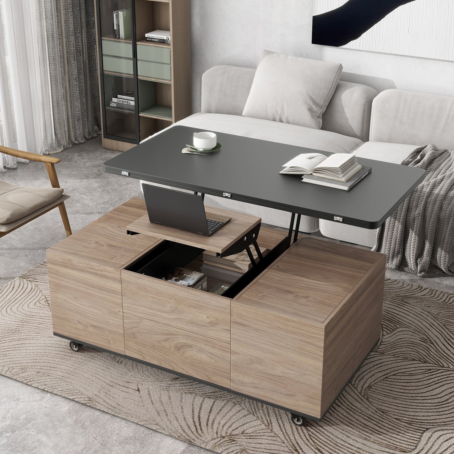 Modern Lift Top Coffee Table Multi Functional Table with 3 Drawers in Walnut & Black - Enova Luxe Home Store