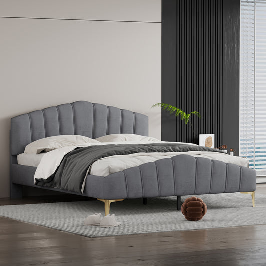 Queen Size Velvet Platform Bed with Thick Fabric, Stylish Stripe Decorated Bedboard and Elegant Metal Bed Leg, Gray