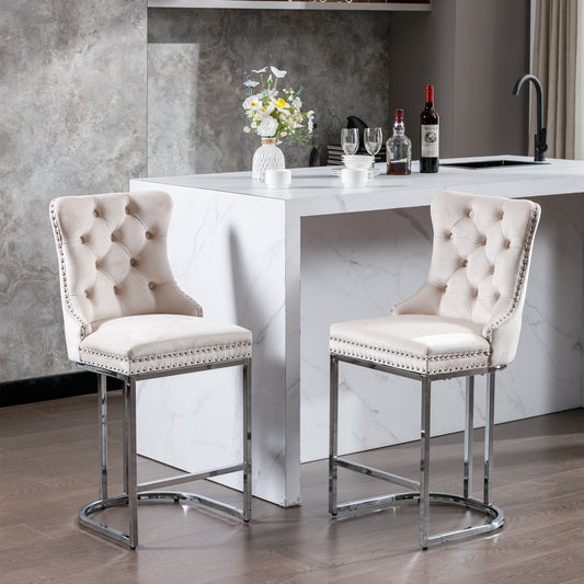 26" Counter Height Bar Stools Set of 2, Modern Velvet Barstools with Button Back&Rivet Trim Upholstered Kitchen Island Chairs with Sturdy Chromed Metal Base Legs Farmhouse Bar Stools, (Beige,2 Pack) - Enova Luxe Home Store