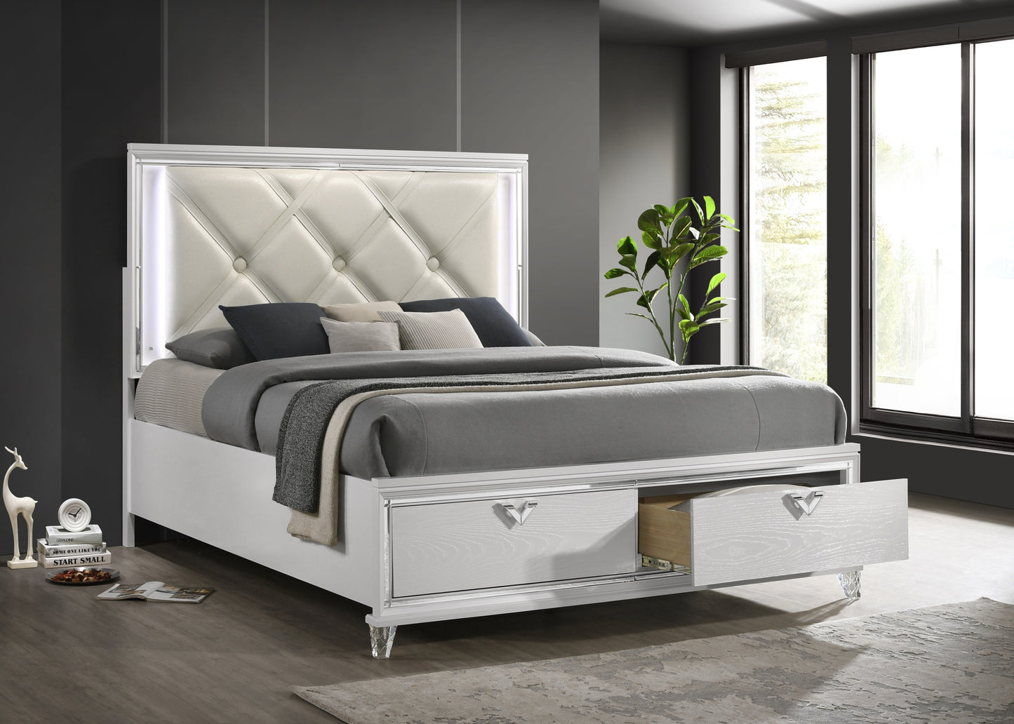 Prism Modern Style Queen LED-Lit Bed with Padded Tufting & 2-Drawer Storage - Enova Luxe Home Store