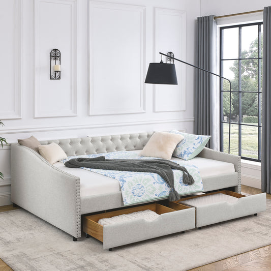 Queen Size Daybed with Drawers Upholstered Tufted Sofa Bed,,with Button on Back and Copper Nail on Waved Shape Arms, Beige (84.5"x63.5"x26.5") - Enova Luxe Home Store