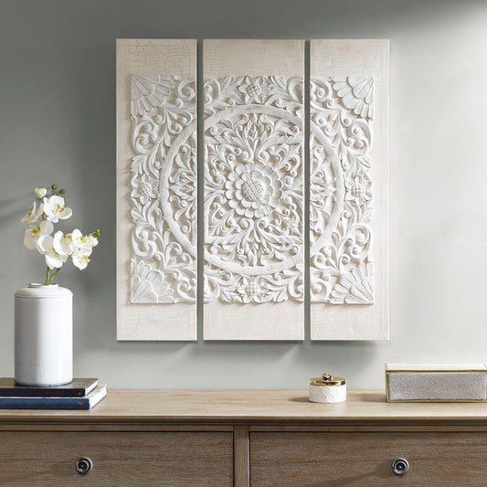 White Mandala Triptych 3-piece Dimensional Resin Canvas Wall Art Set - Enova Luxe Home Store