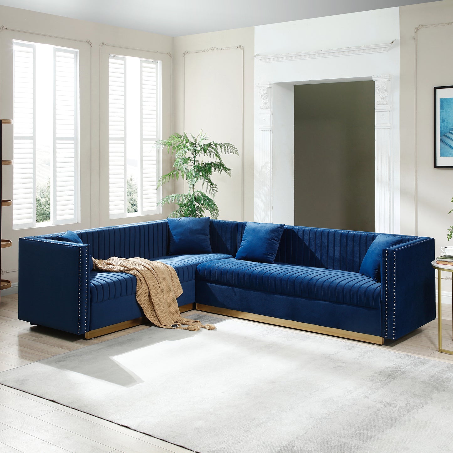 Contemporary Vertical Channel Tufted Velvet Sectional Sofa Modern Upholstered Corner Couch for Living Room Apartment with 4 pillows,Blue