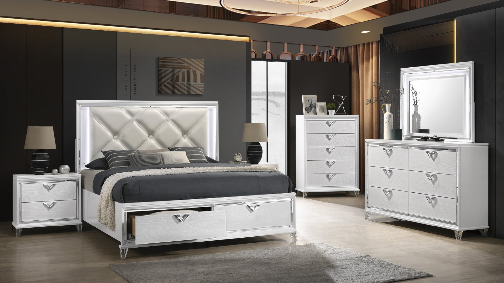 Prism Modern Style Queen 5PC  Bedroom Set with LED Accents & V-Shaped handles - Enova Luxe Home Store