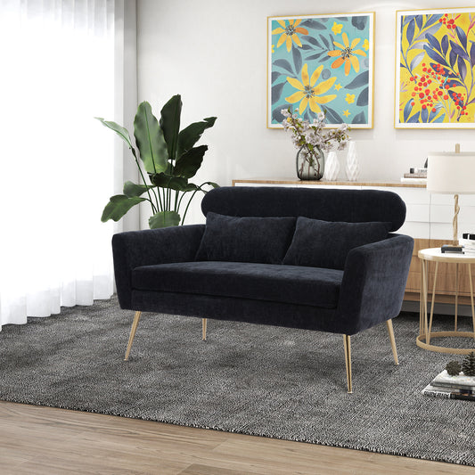 51"W Modern Chenille Loveseat Small Sofa Small Mini Room Couch Two-Seater Sofa With 2 Throw Pillows Gold Metal Legs for Small Space Office Studio Apartment Bedroom, Black Chenille - Enova Luxe Home Store