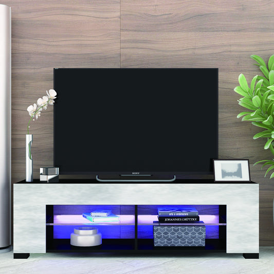 TV Stand for 32-60 Inch TVs Modern Low Profile Black+Stone Grey Entertainment Center with LED Lights 57 Inch Small TV Console Media Table with Glass Shelves and Hidden Side Bookshelf for Living Room