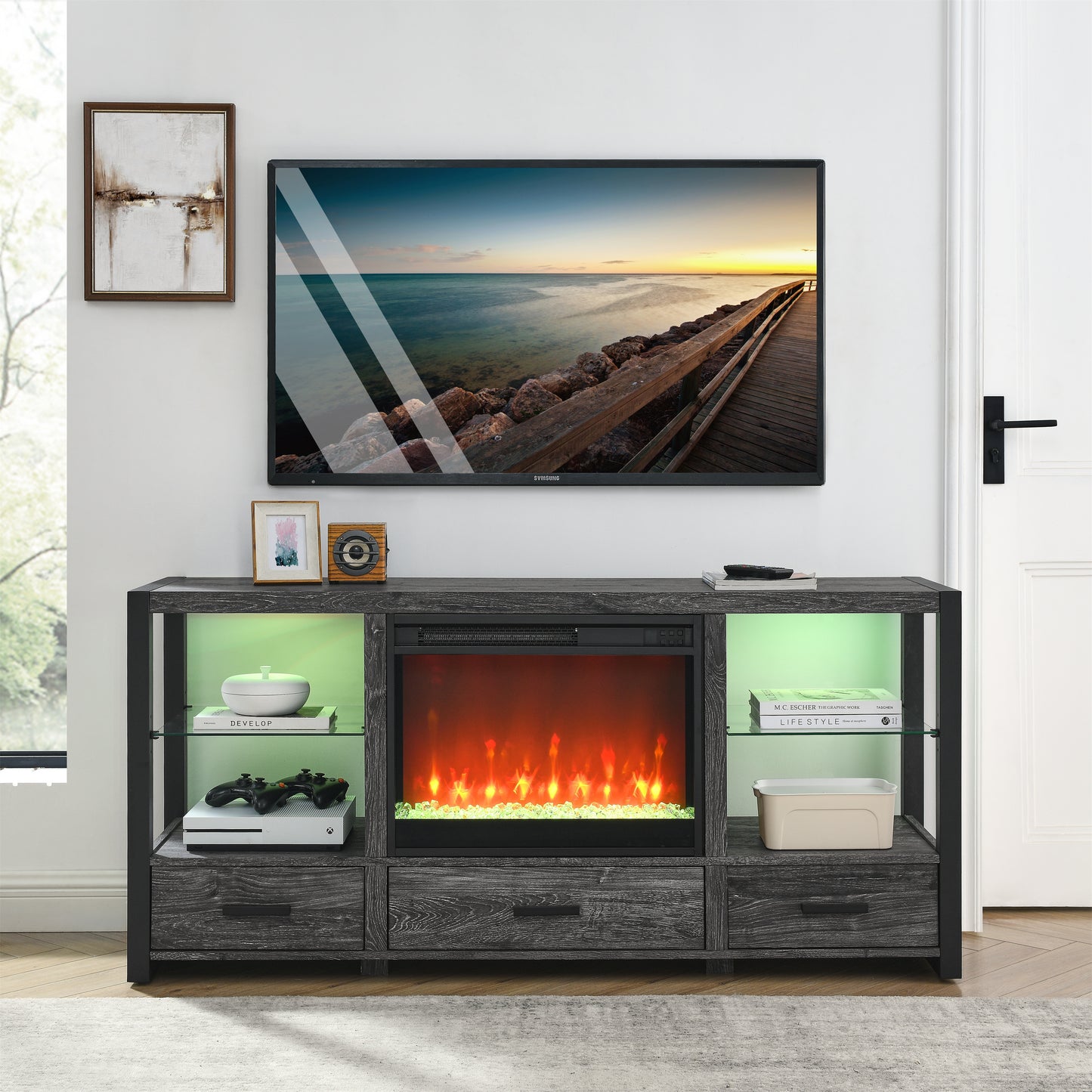 60 Inch Electric Fireplace Media TV Stand With Sync Colorful LED Lights-Dark rustic oak color - Enova Luxe Home Store