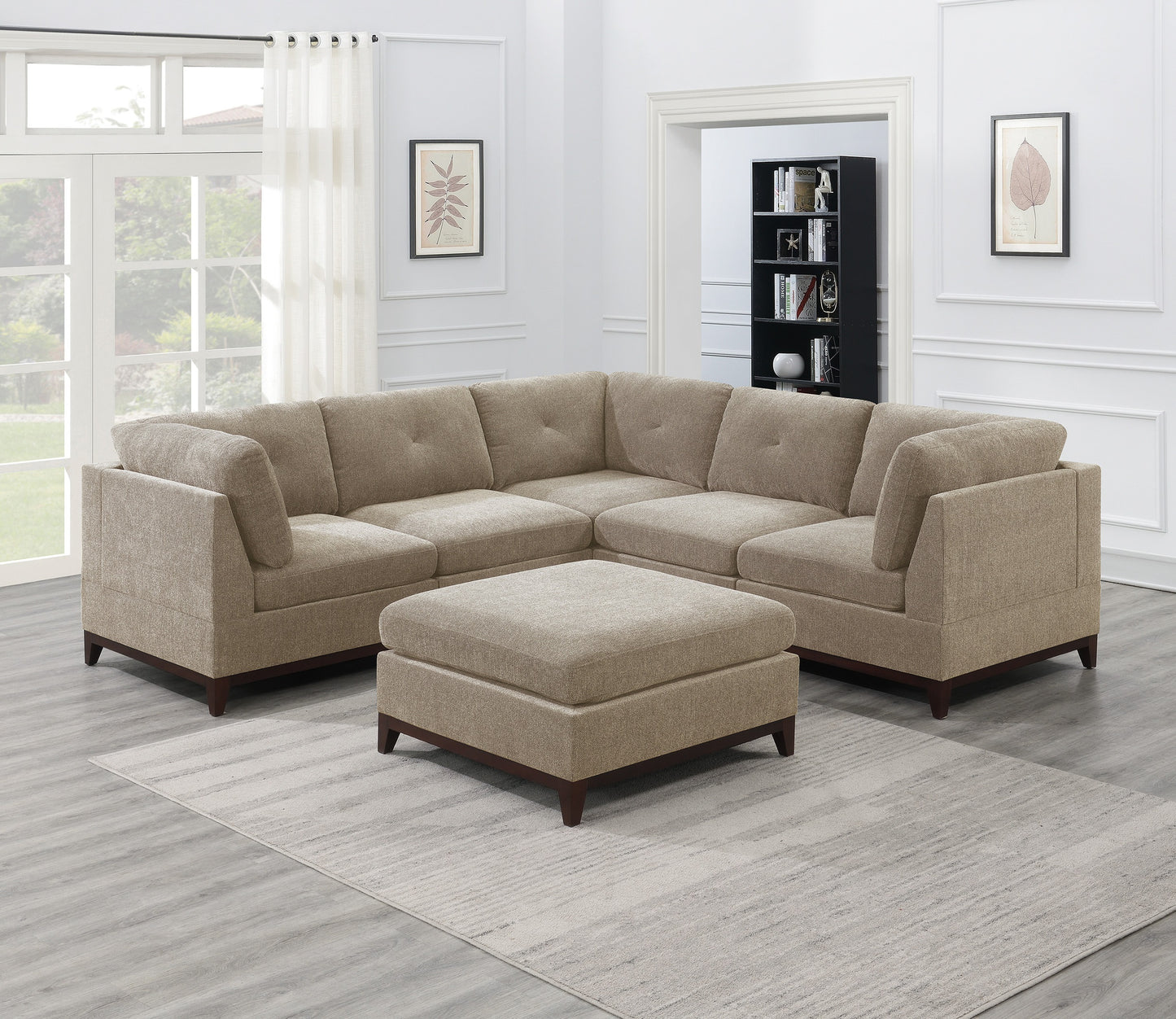 Camel Chenille Fabric Modular Sectional 6pc Set Living Room Furniture Corner Sectional Couch 3x Corner Wedge 2x Armless Chairs and 1x Ottoman Tufted Back - Enova Luxe Home Store