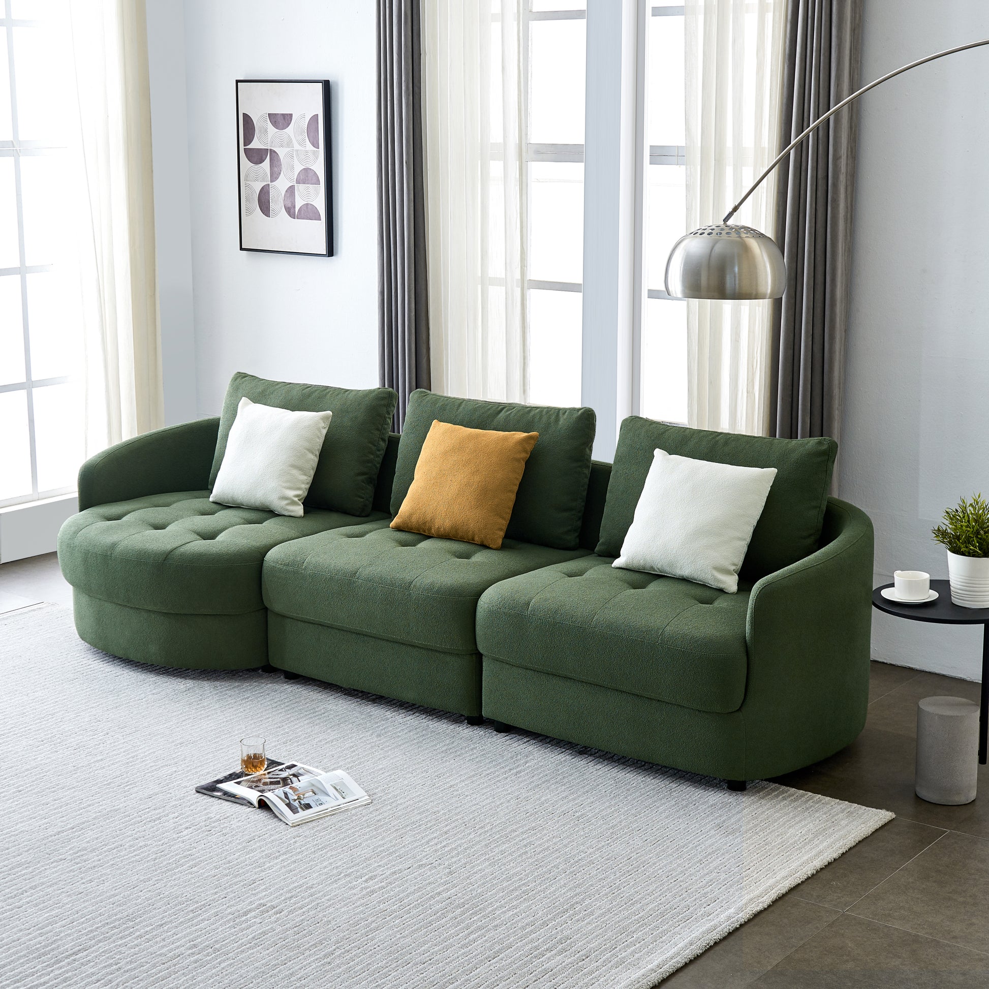113"Teddy Fabric Sofa, Mid Century Modern L-shape Sofa, 3 Seat Modern Cloud Couch with 3 Pillow for Living room, Apartment & Office.(Left)(Dark green) - Enova Luxe Home Store