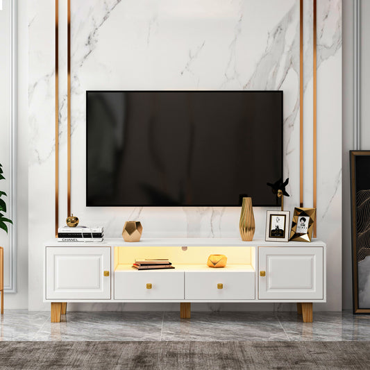 TV stand,TV Cabinet,entertainment center,TV console,media console,plastic door panel,with LED remote control light,metal handle,solid wooden leg,can be placed in the living room,color:white