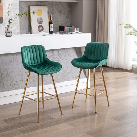 26 Inch Set of 2 Bar Stools,with Chrome Footrest Velvet Fabric Counter Stool Golden Leg Simple Bar Stool,GREEN - Enova Luxe Home Store