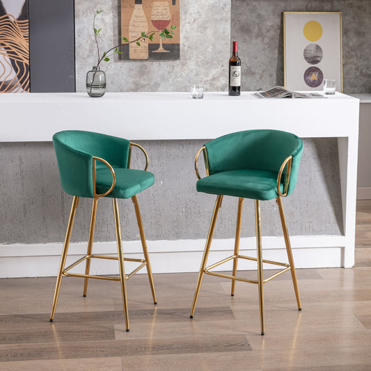 30 Inch Set of 2 Bar Stools,with Chrome Footrest and Base Velvet + Golden Leg Simple Bar Stool,GREEN - Enova Luxe Home Store