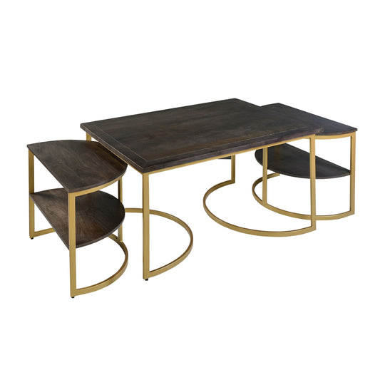 38 Inch Rectangle Metal Nesting Coffee Table - 3 pcs set, Dark Brown, Gold - Enova Luxe Home Store