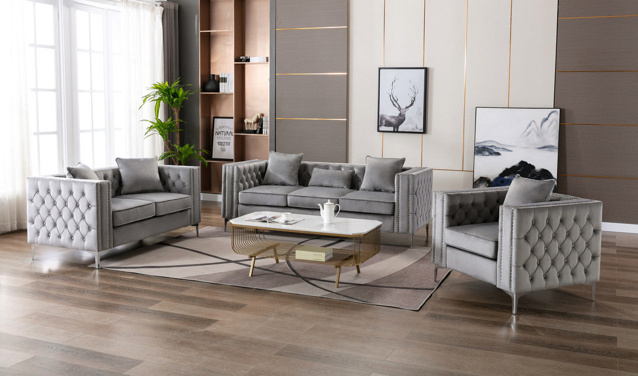 Lorreto Gray Velvet Fabric Sofa Loveseat Chair Living Room Set - Enova Luxe Home Store
