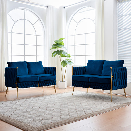 2 Pieces of Loveseat Set Modern Living Room Furniture Set Sofa Couch with Dutch Velvet, Golden Metal Legs And Handmade Woven Back, Blue Velvet