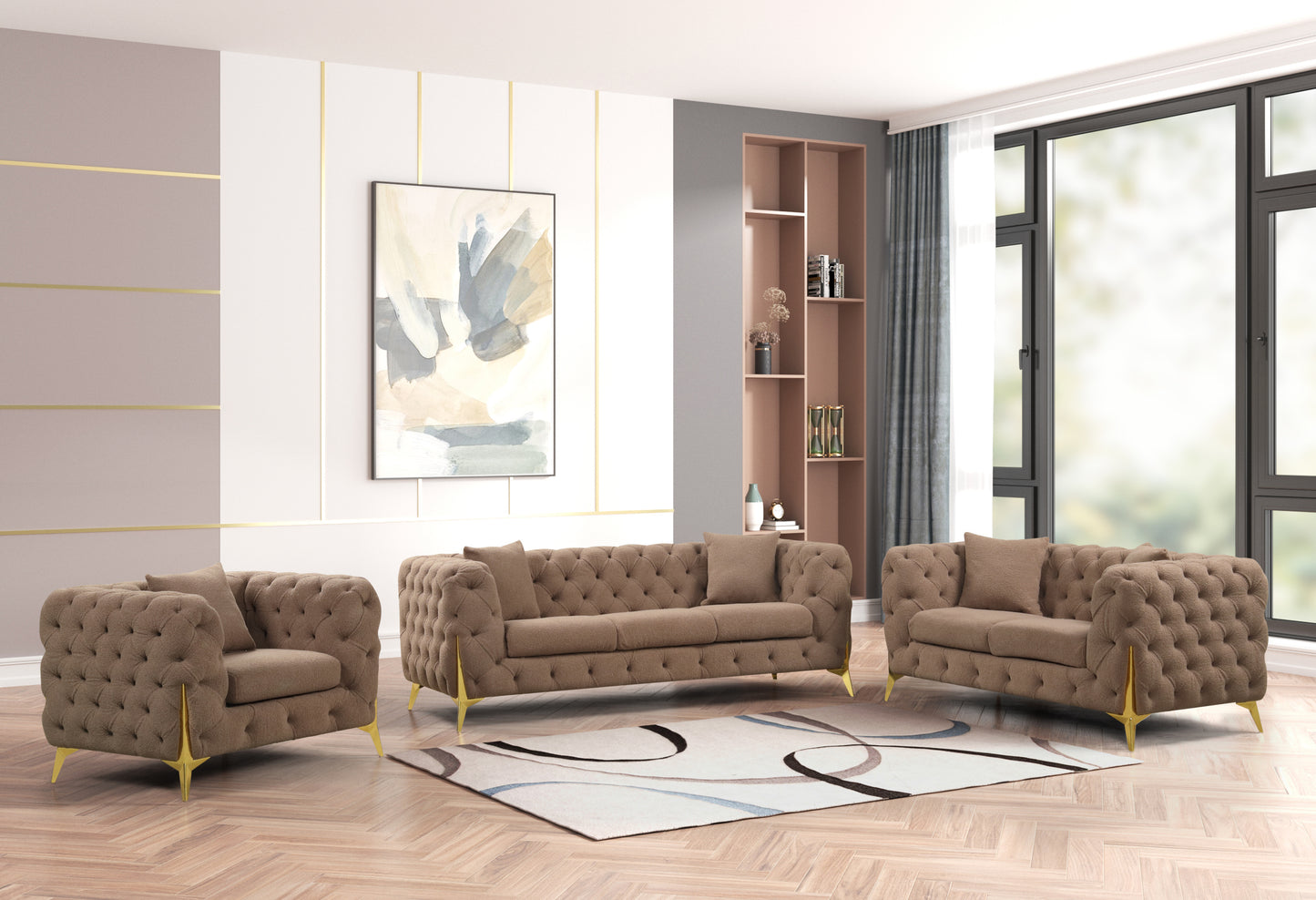 Contempo  3Pc Modern Buckle Fabric Living Room Set  Made with Wood in Brown