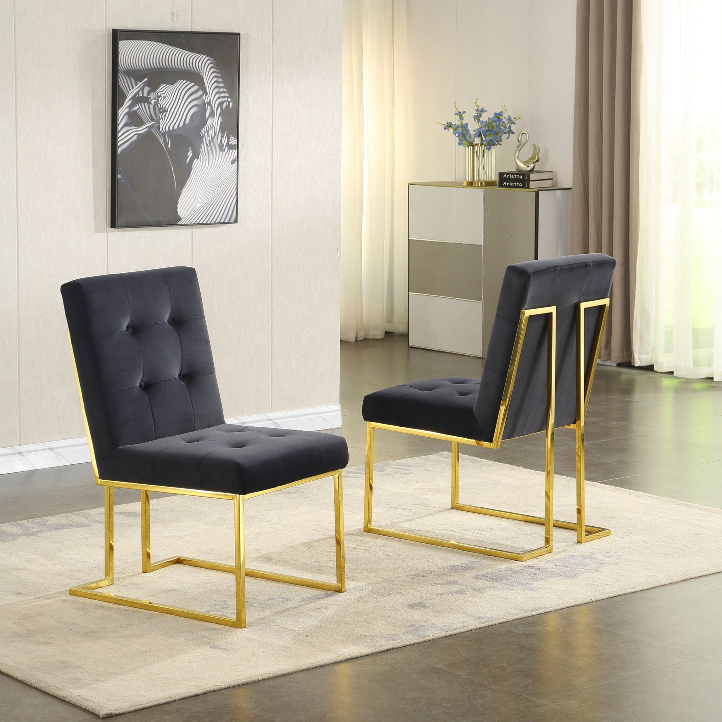 Modern Velvet Dining Chair Set of 2, Tufted Design and Gold Finish Stainless Base - Enova Luxe Home Store