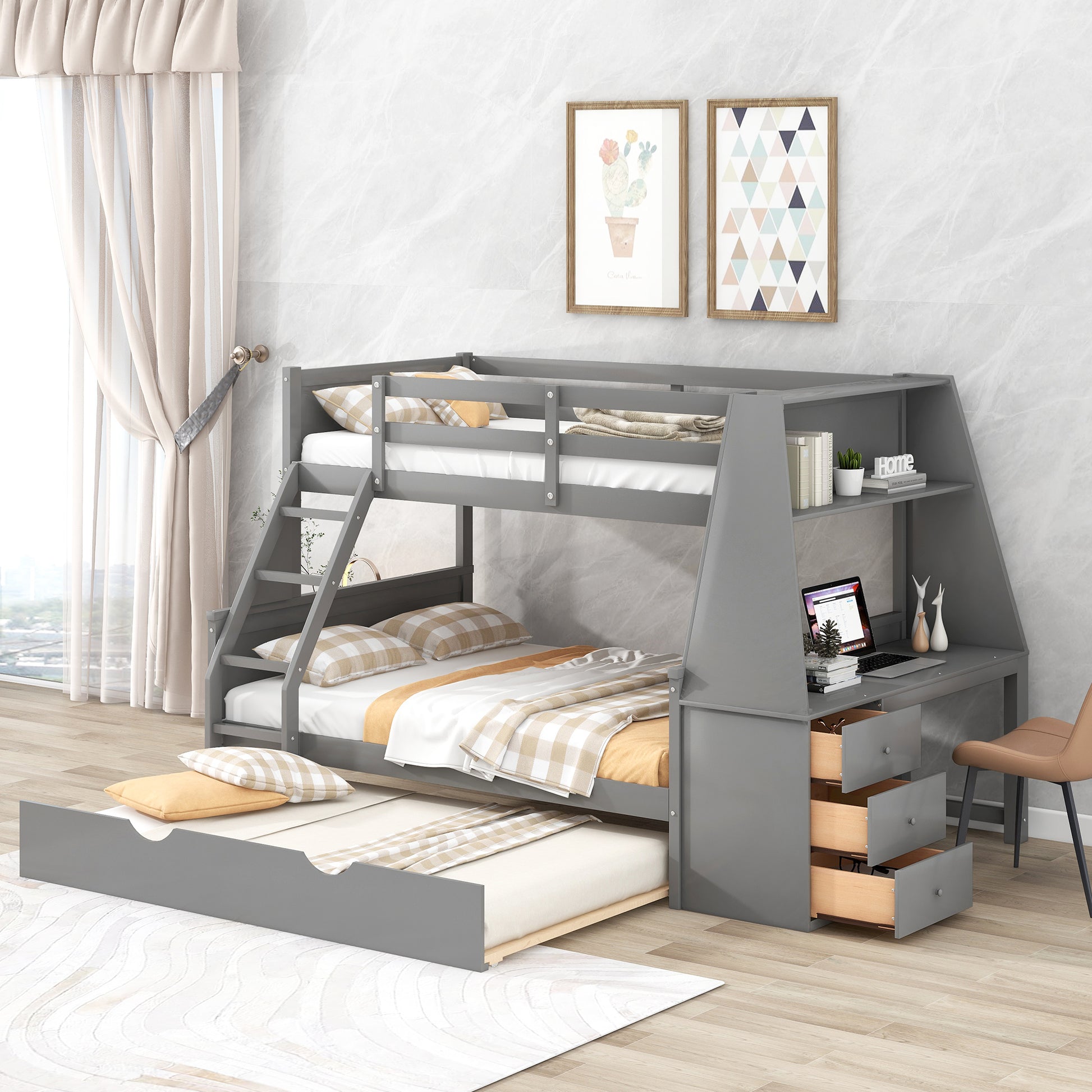 Twin over Full Bunk Bed with Trundle and Built-in Desk, Three Storage Drawers and Shelf,Gray - Enova Luxe Home Store