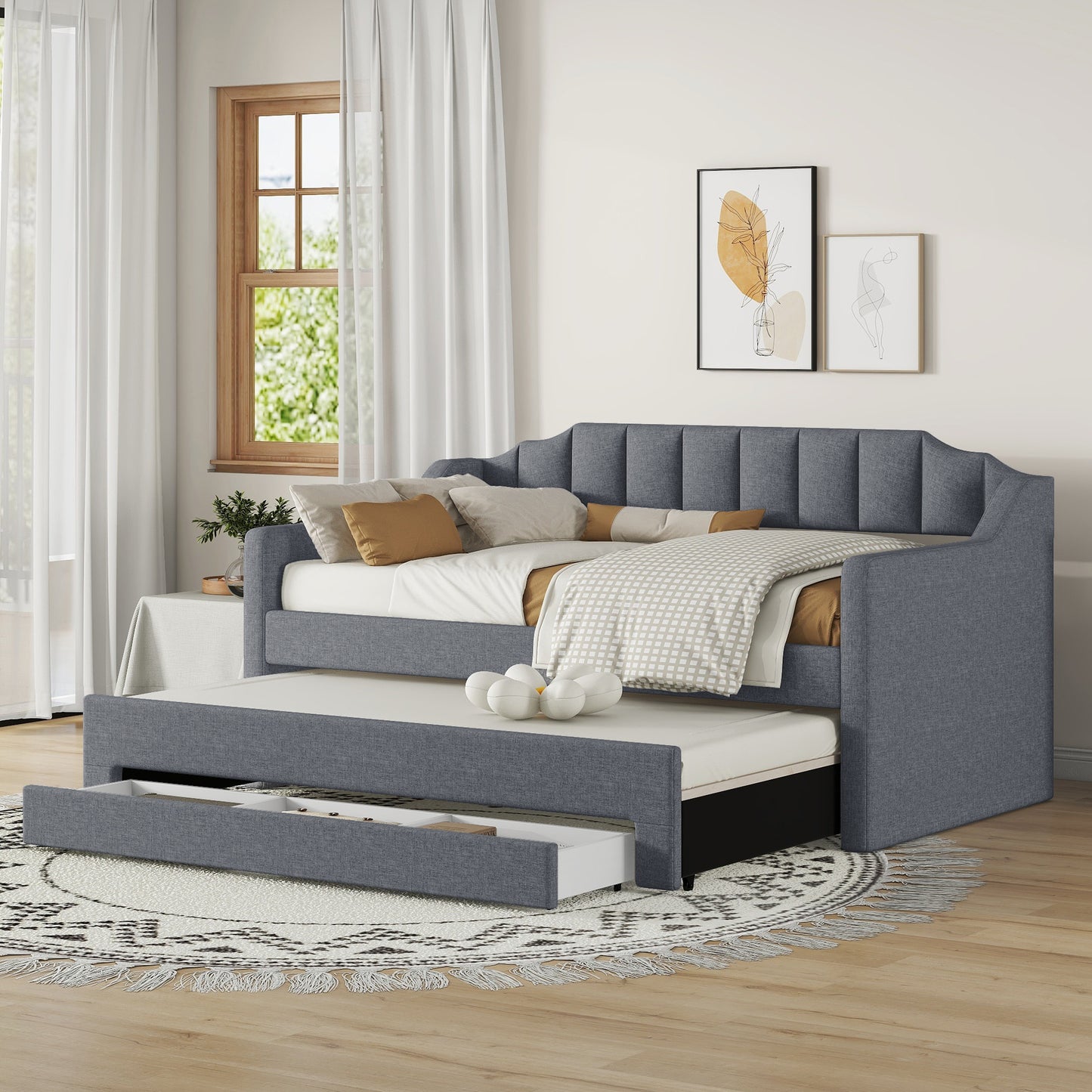 Twin Size Upholstered Daybed with Trundle and Three Drawers,Gray