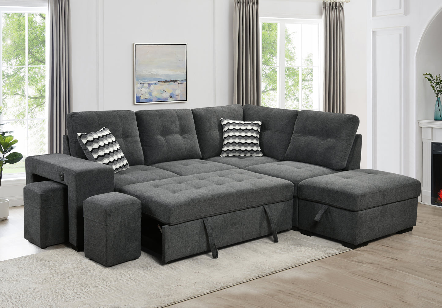 Sectional Pull Out Sofa Bed 101" Reversible L-Shaped Corner Sleeper Upholstered Couch with Storage Ottoman, 2 Pillows,USB Ports,2 Stools for Living Room Furniture Sets,Apartments,Dark Gray