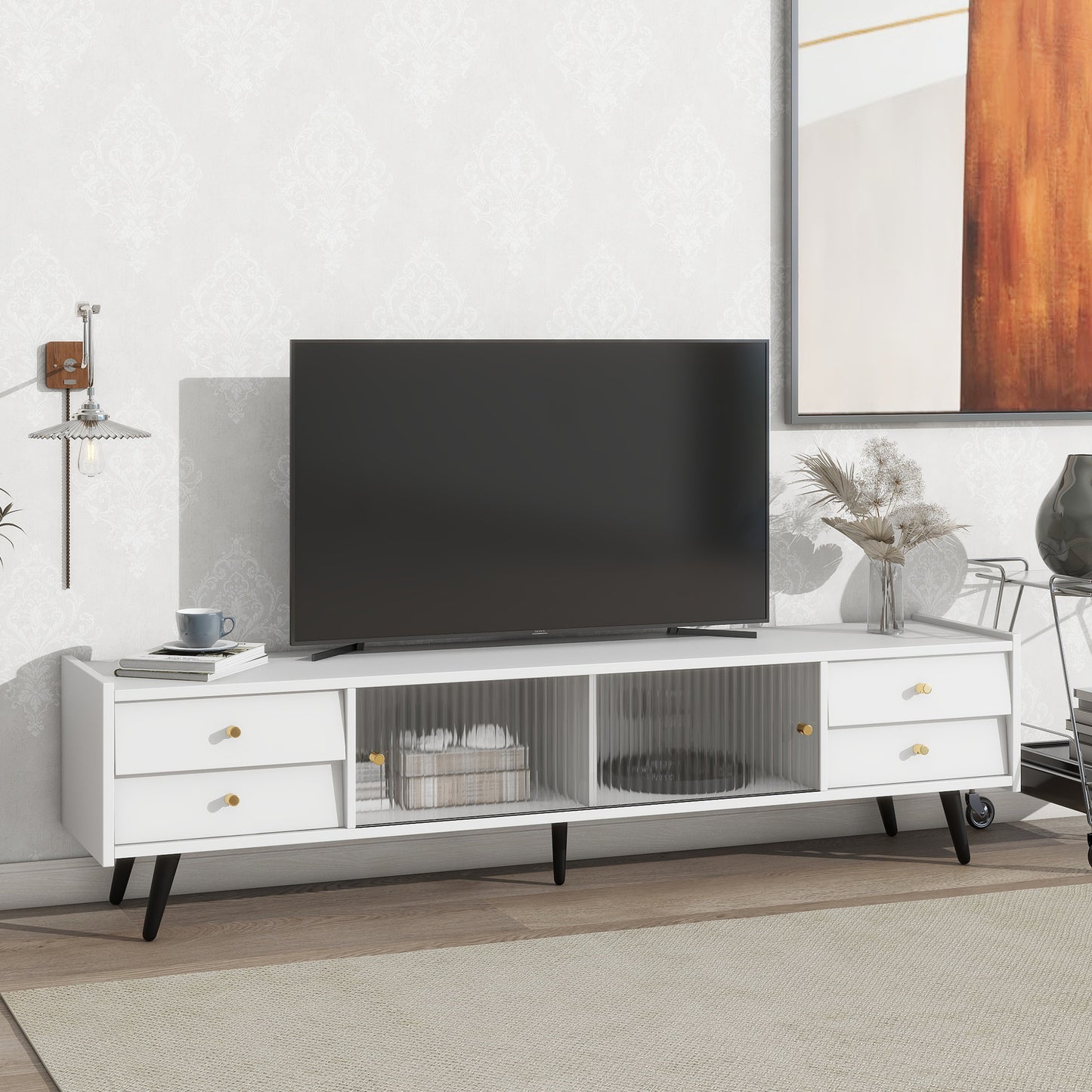 ON-TREND Contemporary TV Stand with Sliding Fluted Glass Doors, Slanted Drawers Media Console for TVs Up to 70", Chic Elegant TV Cabinet with Golden Metal Handles , White - Enova Luxe Home Store