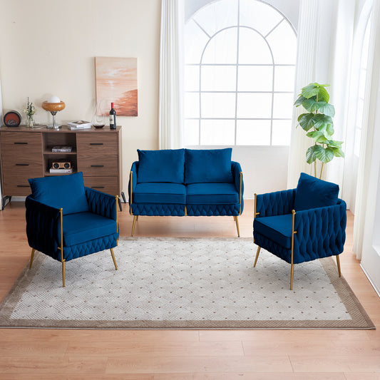 Comfy Handmade Bucket Woven Fluffy Tufted Upholstered Sofa Set Living Room, 2 Accent Chair and 1 Two Seater Sofa , Blue Velvet