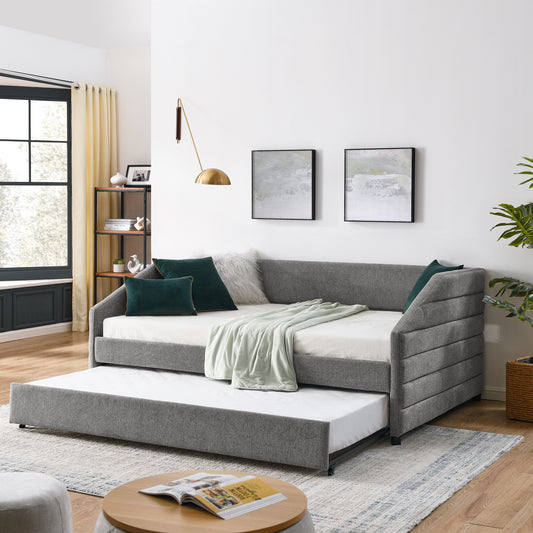 Full Size Daybed with Trundle Upholstered Tufted Sofa Bed, Linen Fabric, Grey (82.5"x58"x34")