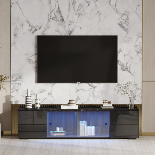 TV stand,TVCabinet,entertainment center,TV console,media console,with LED remote control lights,roof gravel texture,UV drawer panels,sliding doors,can be placed in the living room,bedroom,color: Black