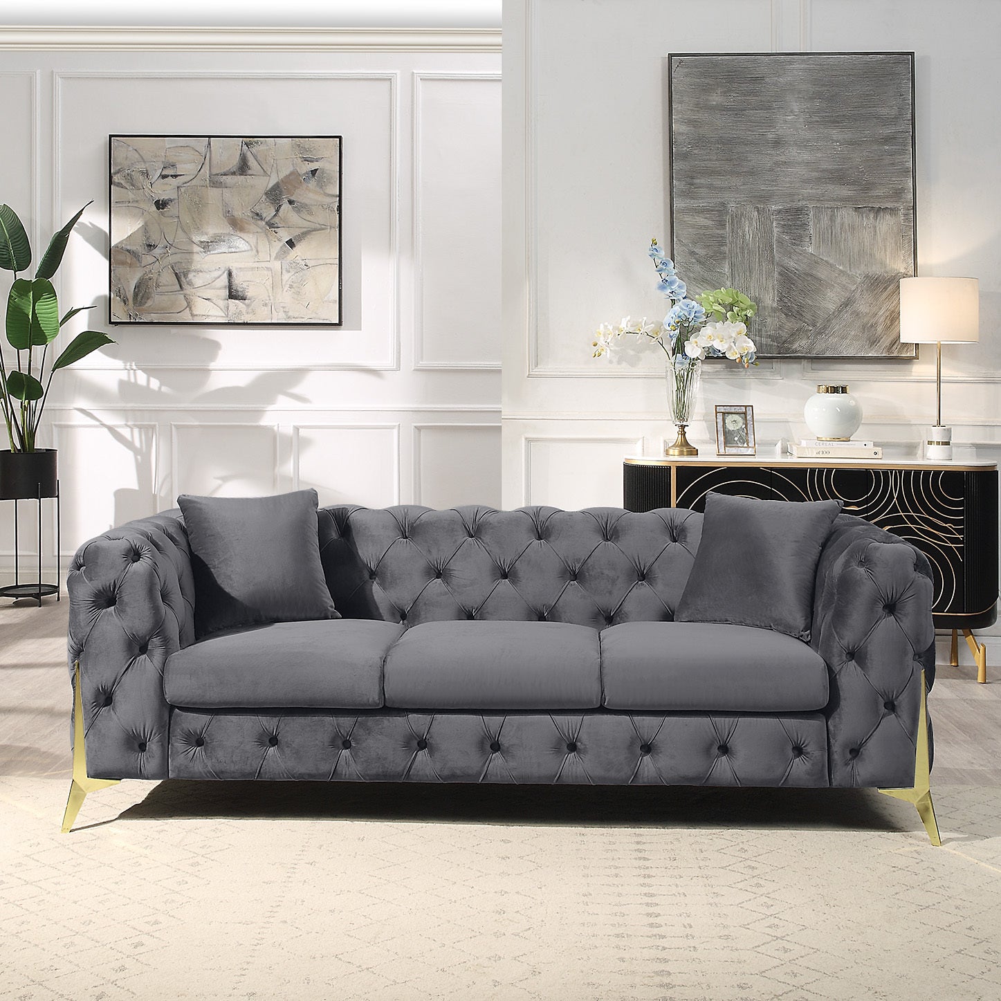 Grey Elegant Velvet Living Room 3-Seater Sofa, Upholstered Sofa - Enova Luxe Home Store