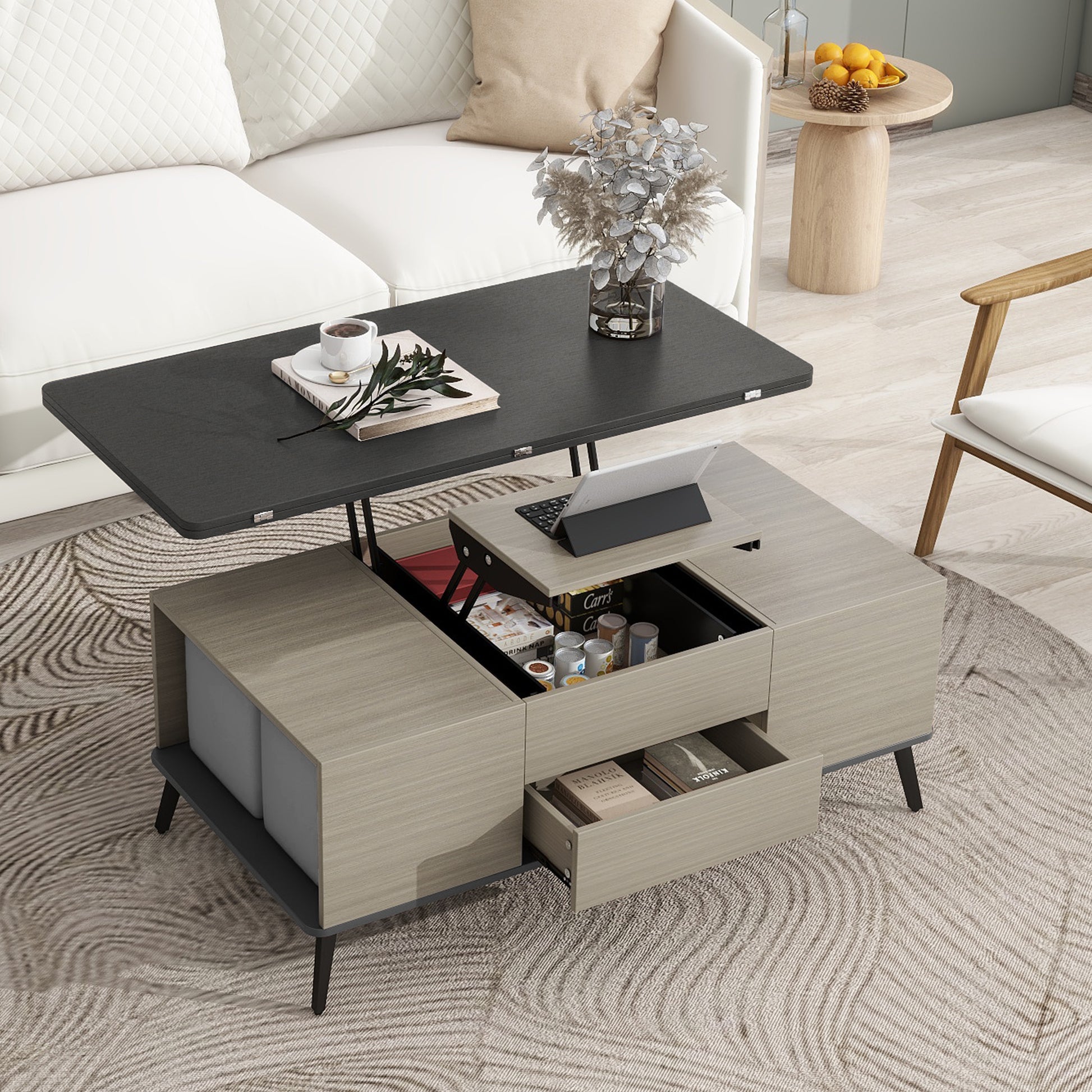 5 Pieces Lift Top Coffee Table Set with Storage Convertible Dining Table with Ottomans - Enova Luxe Home Store