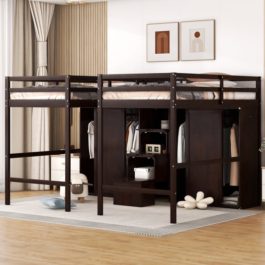 Double Twin Loft Beds with Wardrobes and Staircase, Espresso - Enova Luxe Home Store