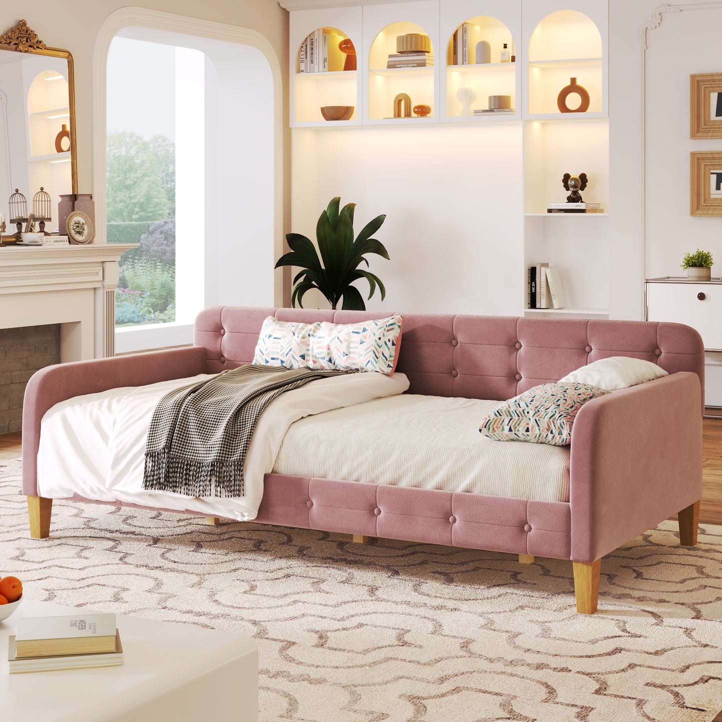 Twin Size Upholstered Daybed with 4 Support Legs, Pink