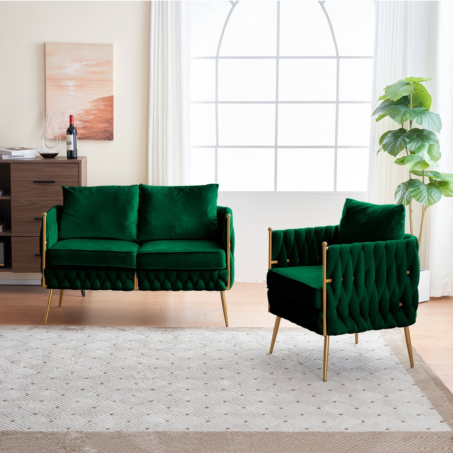 Stylish Handmade Woven Back Upholstered Sofa Set with 1 Accent Chair and 1 Loveseat Sofa, Modern Sofa Set for Living Room And Small Living Spaces , Green Velvet