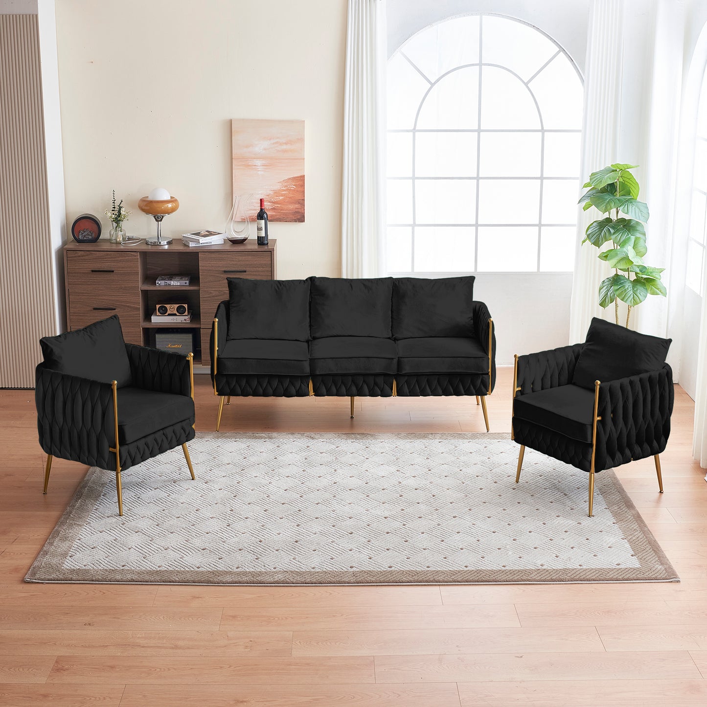 Velvet Sofa Set with Gold Legs, 2 Pieces of Modern Accent Chair and One piece of 3-Seater Sofa for Living Room, Comfy Upholstered Couch Set, Velvet Handmade Woven Back , Black Velvet