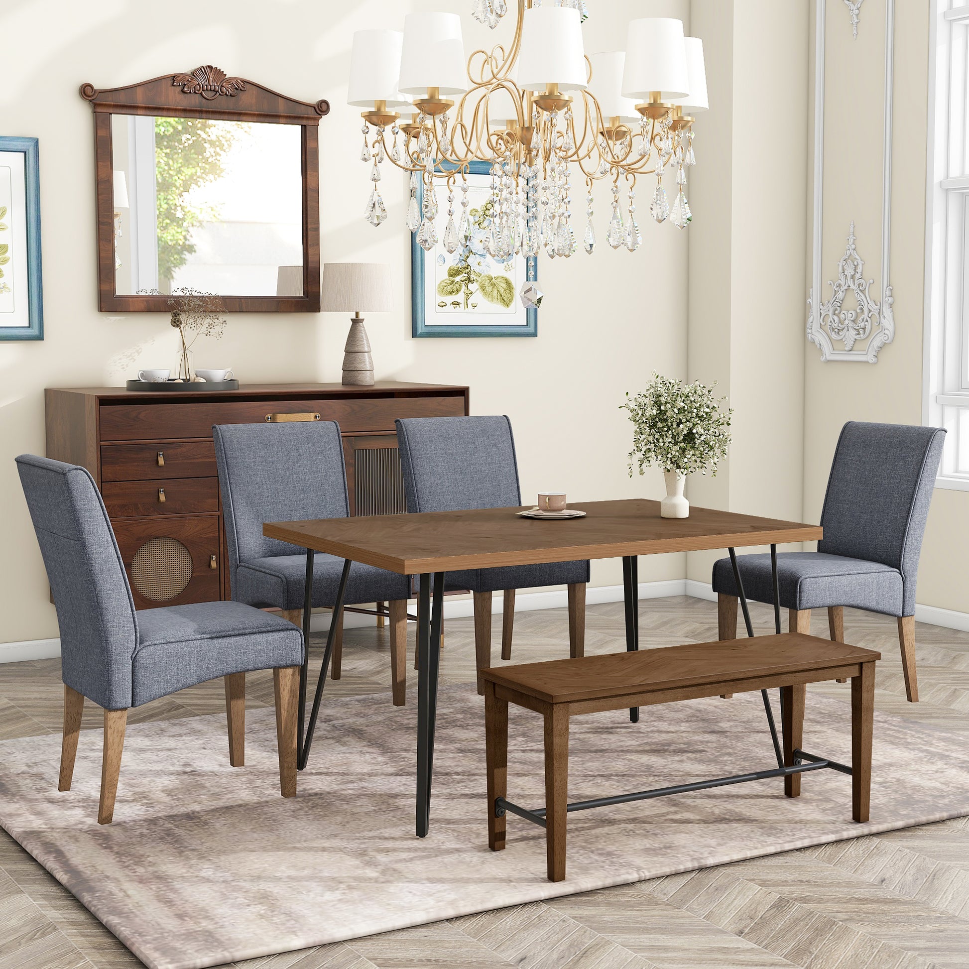 TOPMAX Modern 6-Piece Dining Table Set with V-Shape Metal Legs, Wood Kitchen Table Set with 4 Upholstered Chairs and Bench for 6,Brown - Enova Luxe Home Store