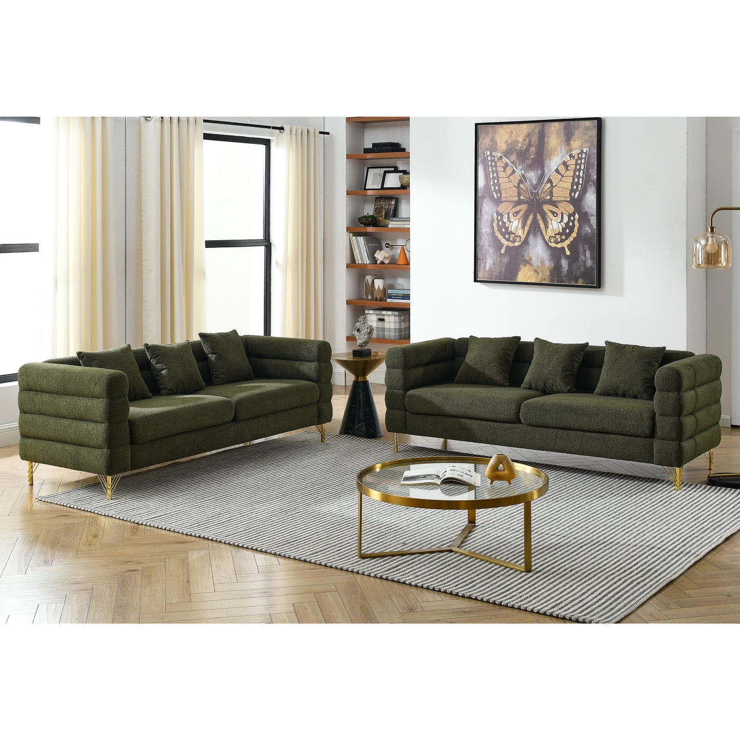 3-seater + 3-seater Combination sofa.Green teddy